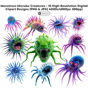 Peut inclure: Dix illustrations numériques de micro-organismes monstrueux et colorés, avec des dents acérées et des yeux brillants. Les micro-organismes sont dans différentes poses, dont un vert avec une grande bouche et des dents acérées, un violet avec des yeux rouges brillants et un bleu avec des tentacules.