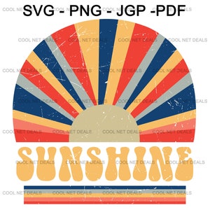 May include: A retro-style graphic design with a sunburst pattern in red, yellow, blue, and gray colors. The text "SUNSHINE" is written in a groovy font with a distressed effect.