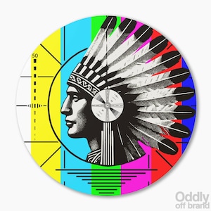 May include: Round graphic featuring a Native American profile wearing a feathered headdress, set against a colorful test pattern background. The design includes the text "Oddly off brand" in the lower right corner.