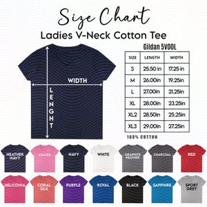 Tablas de colores y tallas de camisetas de algodón con cuello en V para damas Gildan 5V00L, tablas de colores y tallas de maquetas de Gildan, descarga digital, maqueta de camiseta Gildan