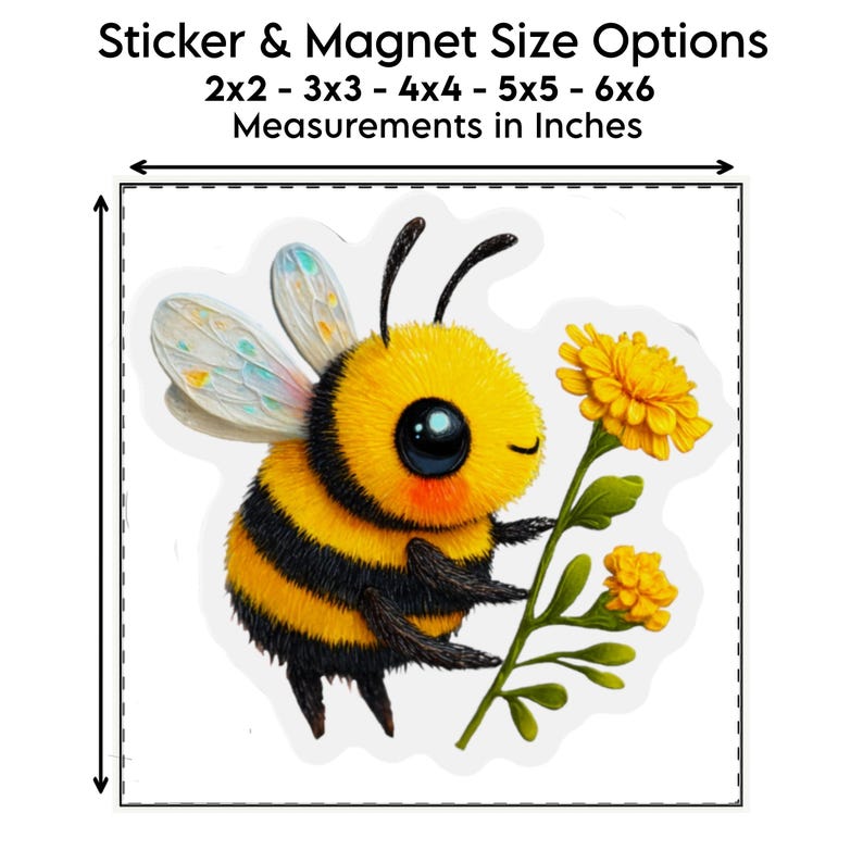 Adorable die-cut vinyl design of a fuzzy yellow honeybee holding a bright yellow flower. Shown as a fridge magnet displayed on a stainless steel refrigerator. This design is also available as a waterproof transparent sticker in five sizes. Ideal for decorating laptops, journals, water bottles, fridges, and more. Suitable for indoor and outdoor use.