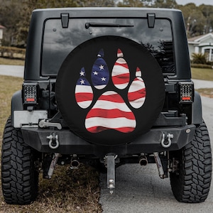 American Flag Dog Paw Print Spare Tire Cover, Patriotic Dog Lover Gift, Tire Protector for 4x4 Off-Road Vehicles, Backup Camera Hole Option