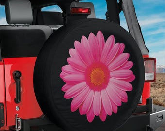 Daisy Tire Cove, Bright Pink Daisy Spare Wheel Cover with Backup Camera Hole Option, Flower Off Road Tire Cover, Gift for Her