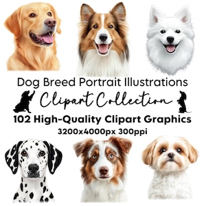 Dog Clipart, Dog  Breed Clipart, 102 Dog Breed Portrait Illustrations, Download Clipart Transparent PNG JPG, Cute Dog Art, Commercial Use