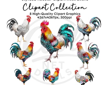 Colorful Rooster Clipart: Stylized PNG & JPG Images (Digital Download)
