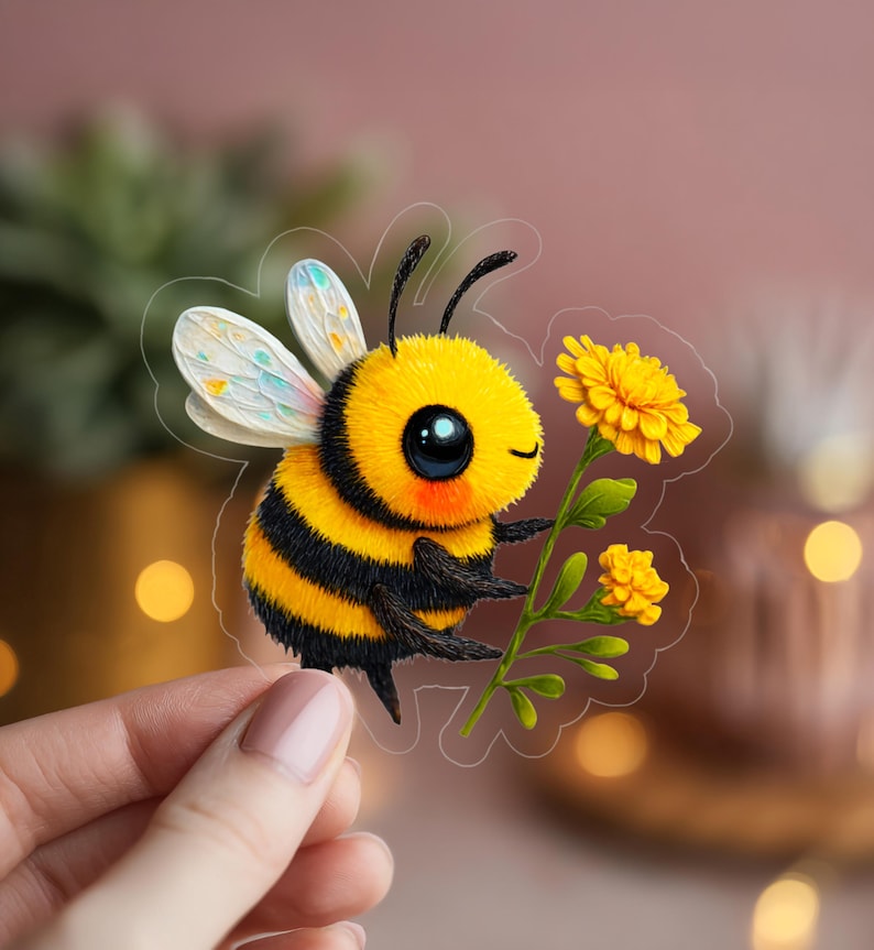 Adorable die-cut vinyl design of a fuzzy yellow honeybee holding a bright yellow flower. Shown as a fridge magnet displayed on a stainless steel refrigerator. This design is also available as a waterproof transparent sticker in five sizes. Ideal for decorating laptops, journals, water bottles, fridges, and more. Suitable for indoor and outdoor use.