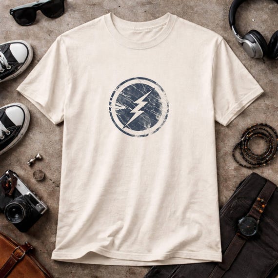 Distressed Lightning Bolt T-Shirt, Vintage Electric Emblem Tee, Unisex Cotton Streetwear
