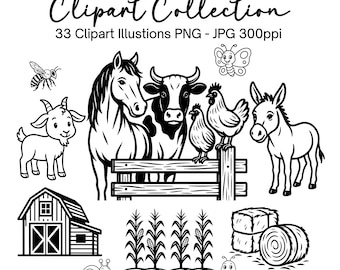 Bundle de cliparts animaux de la ferme : graphiques de basse-cour pour enfants (Téléchargement numérique PNG, JPG