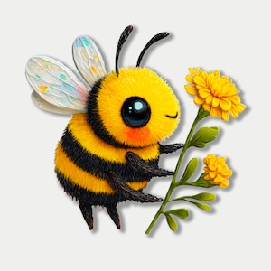 Adorable die-cut vinyl design of a fuzzy yellow honeybee holding a bright yellow flower. Shown as a fridge magnet displayed on a stainless steel refrigerator. This design is also available as a waterproof transparent sticker in five sizes. Ideal for decorating laptops, journals, water bottles, fridges, and more. Suitable for indoor and outdoor use.