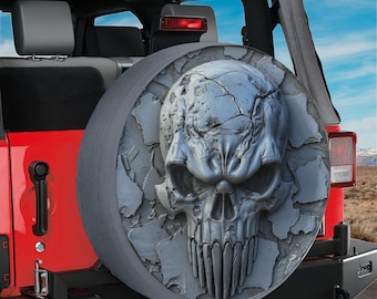 Skull Tire Cover, Cracked Stone Tactical Skull Design for SUV, Camper, RV, Truck, 4x4 Off Road Vehicle, UV and Water Resistant, Badass