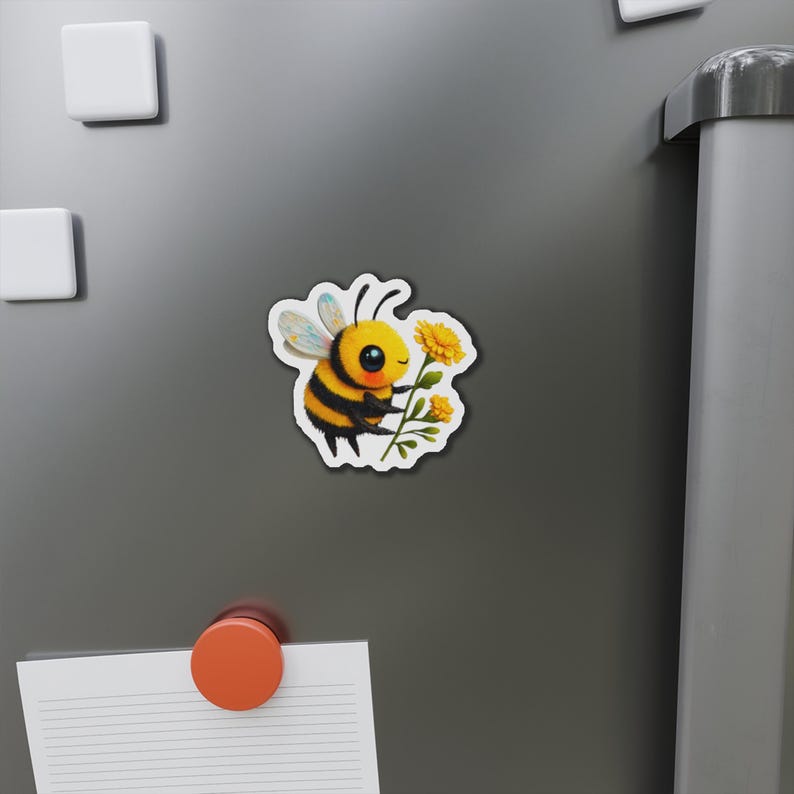 Adorable die-cut vinyl design of a fuzzy yellow honeybee holding a bright yellow flower. Shown as a fridge magnet displayed on a stainless steel refrigerator. This design is also available as a waterproof transparent sticker in five sizes. Ideal for decorating laptops, journals, water bottles, fridges, and more. Suitable for indoor and outdoor use.