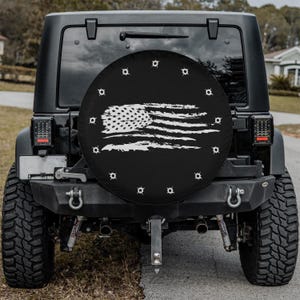 Patriotic American Flag Spare Tire Cover, Distressed Black and White with 13 Bullet Holes, Waterproof UV Resistant, For Jeeps, SUV&#39;s, Bronco