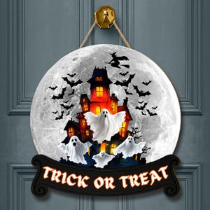 Haunted House Halloween Door Sign: Spooky Ghost, Witch & Bats