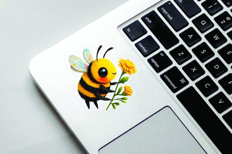 Adorable die-cut vinyl design of a fuzzy yellow honeybee holding a bright yellow flower. Shown as a fridge magnet displayed on a stainless steel refrigerator. This design is also available as a waterproof transparent sticker in five sizes. Ideal for decorating laptops, journals, water bottles, fridges, and more. Suitable for indoor and outdoor use.