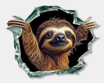 Funny Sloth Car Sticker: 3D Broken Glass Decal