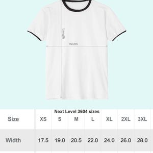 Next Level Ringer unisex shirt size chart