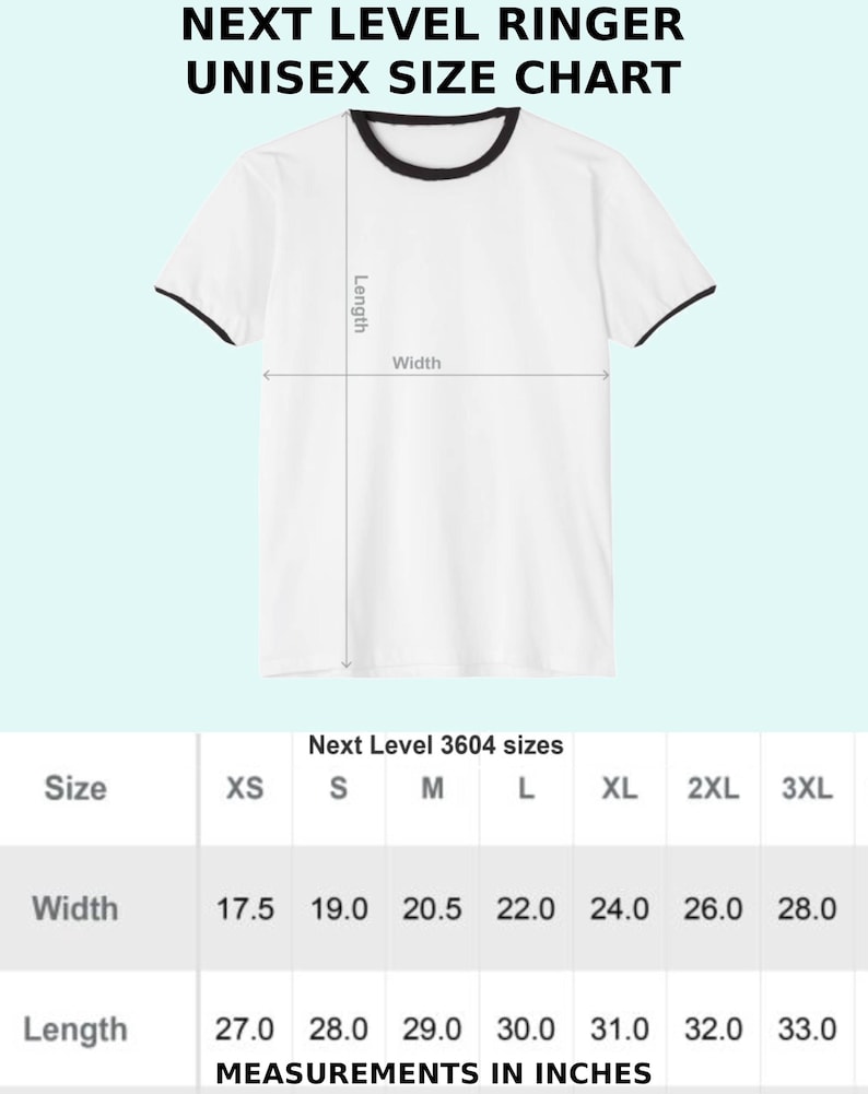 Next Level Ringer unisex shirt size chart