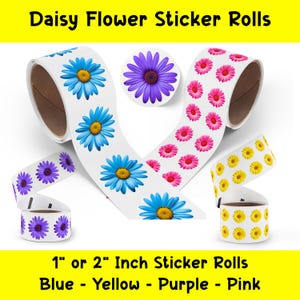 Gänseblümchen-Blumenaufkleber, glänzende blaue, gelbe, lila und rosa BOPP-Aufkleberrollen, 1 und 2 Zoll, 50-250 Packung, runde Gänseblümchen-Blumenaufkleberrolle