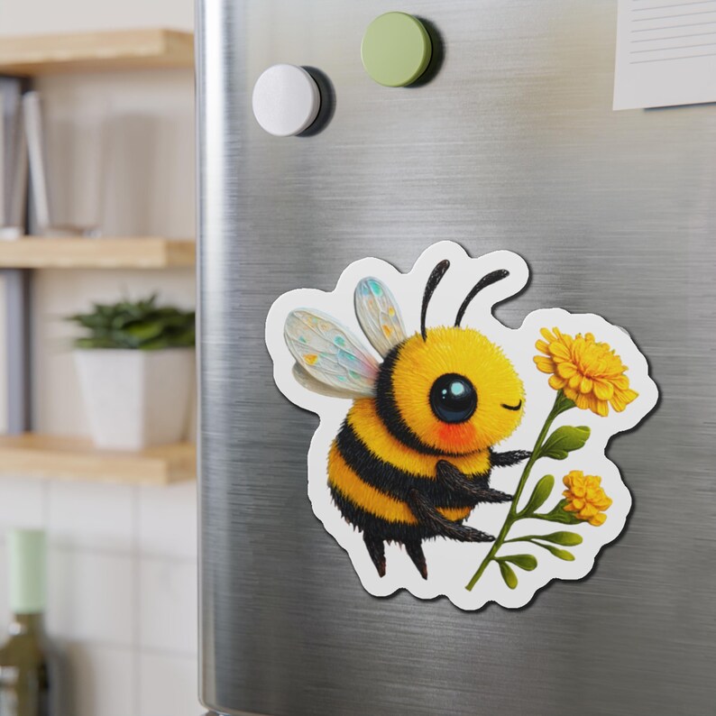 Adorable die-cut vinyl design of a fuzzy yellow honeybee holding a bright yellow flower. Shown as a fridge magnet displayed on a stainless steel refrigerator. This design is also available as a waterproof transparent sticker in five sizes. Ideal for decorating laptops, journals, water bottles, fridges, and more. Suitable for indoor and outdoor use.