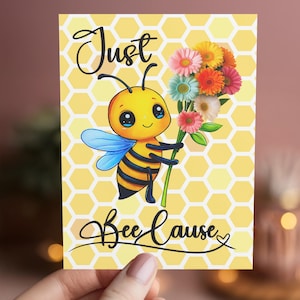 Cartão de felicitações de abelha, apenas porque uma abelha fofa está pensando em você, cartão com flores para um amigo, bilhete doce e divertido, sinto sua falta