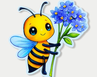 Honey Bee Sticker or Magnet, Blue Flowers, Laptop Decal