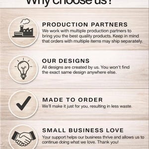 Why choose us infographic for an adorable die-cut vinyl design of a fuzzy yellow honeybee holding a bright yellow flower.