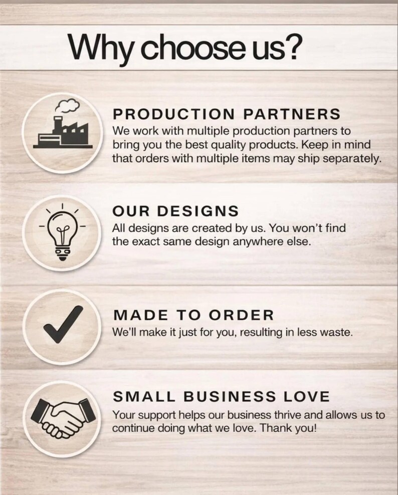 Why choose us infographic for an adorable die-cut vinyl design of a fuzzy yellow honeybee holding a bright yellow flower.