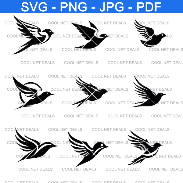 Bird Bundle SVG, Nine flying birds PNG, Bird bundle pdf, Flying birds clipart jpg, Logo style bird silhouettes, Digital download only.