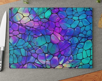 Stained Glass Mosaic Cutting Board: Artistic Aqua Purple Kitchen Decor