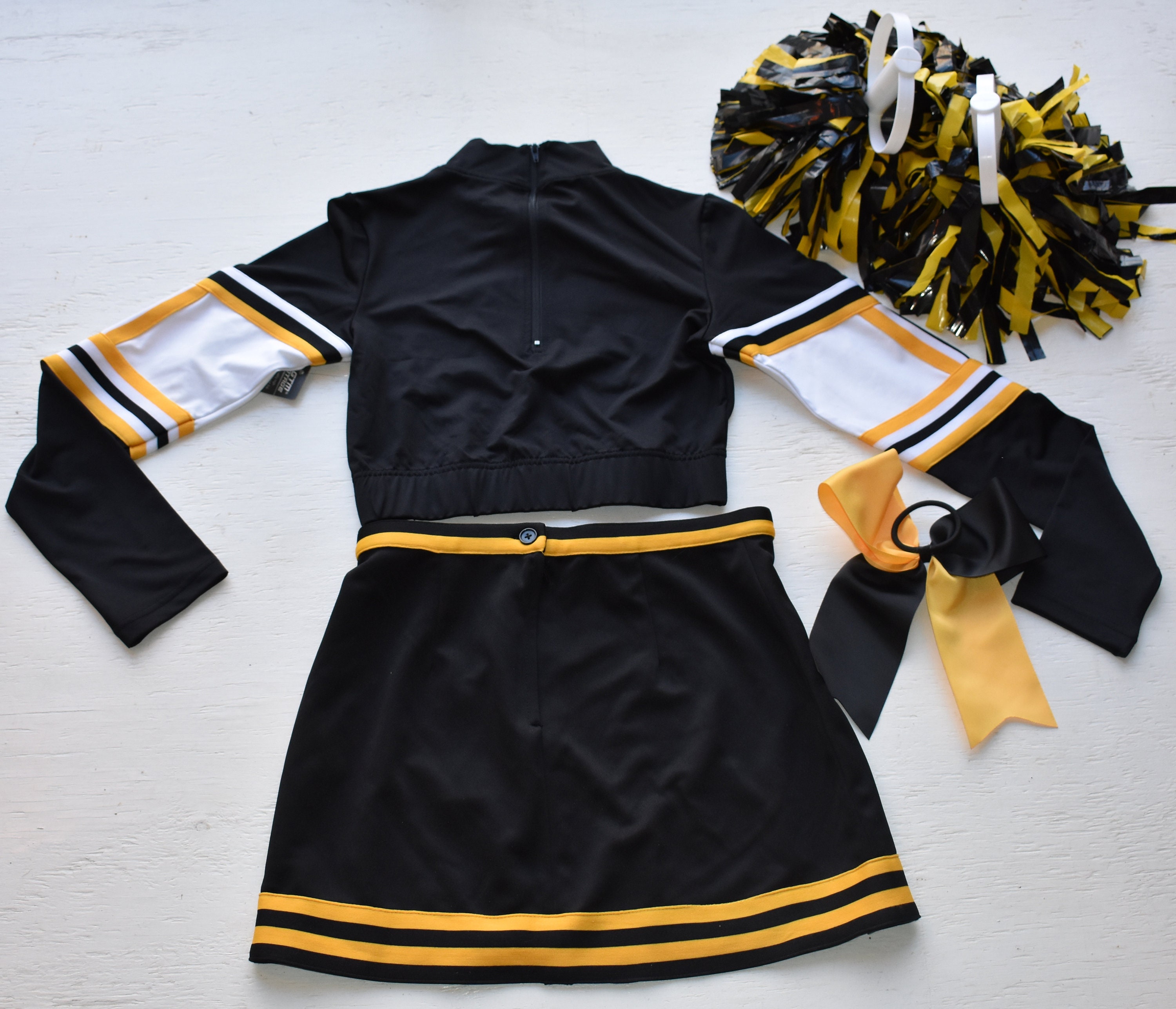 Details about   Adult GOLD BLACK Cheerleader Uniform Top Skirt 32-34/22-25" Cosplay Steelers NEW 