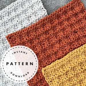May include: Three knitted dishcloths in different colours: grey, orange, and yellow. The dishcloths are made with a simple stitch pattern and have a textured look. The image includes the text "INSTANT PATTERN DOWNLOAD".