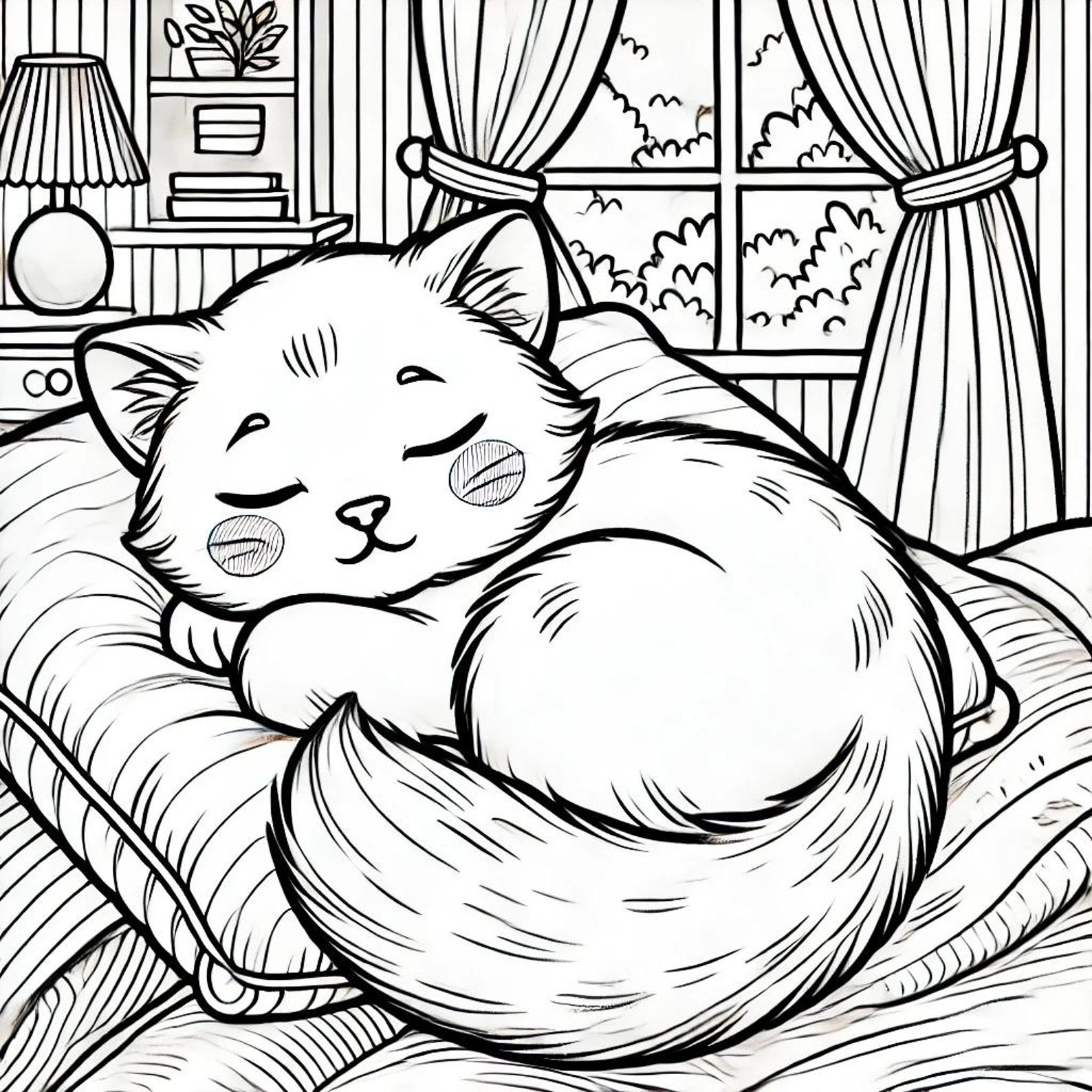 Cute Cat Sleeping Coloring Pages, Cat Lover Coloring, Relaxing Coloring ...