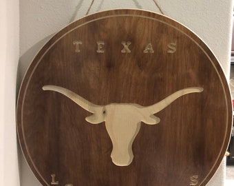 Texas Longhorns Carved Wood Hanging Sign: Mission Oak Finish