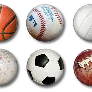 May include: Six different sports balls, including a basketball, baseball, volleyball, golf ball, soccer ball, and football. The balls are all white with different colored markings.
