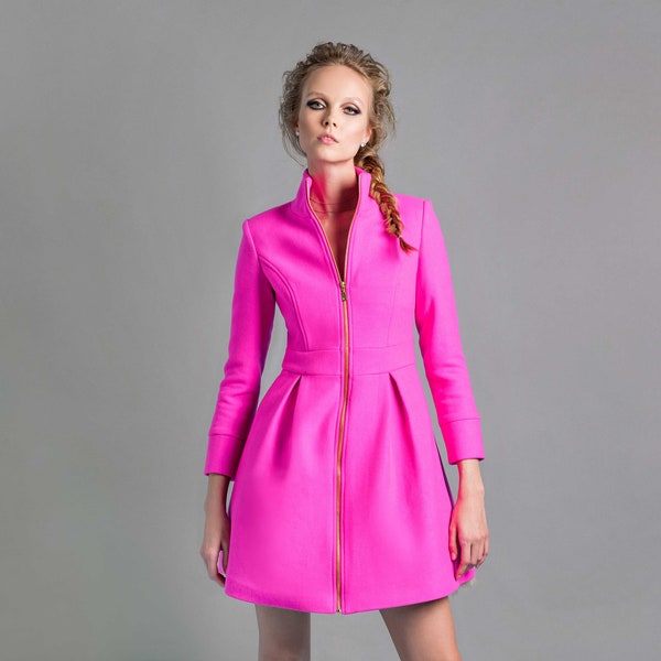 Neon Pink Ethical Wool Hamlet Winter Coat • size 0 xsmall