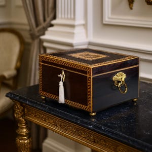 Georgian Rosewood Sewing Box – Plato as a Child Print, Ebony & Boxwood Inlay, Brass Bun Feet