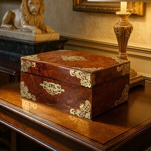 May include: A rectangular wooden box with a rich, dark brown burl finish. The box is adorned with ornate gold-colored metal corner accents and a central decorative plate. The box is sitting on a wooden table.