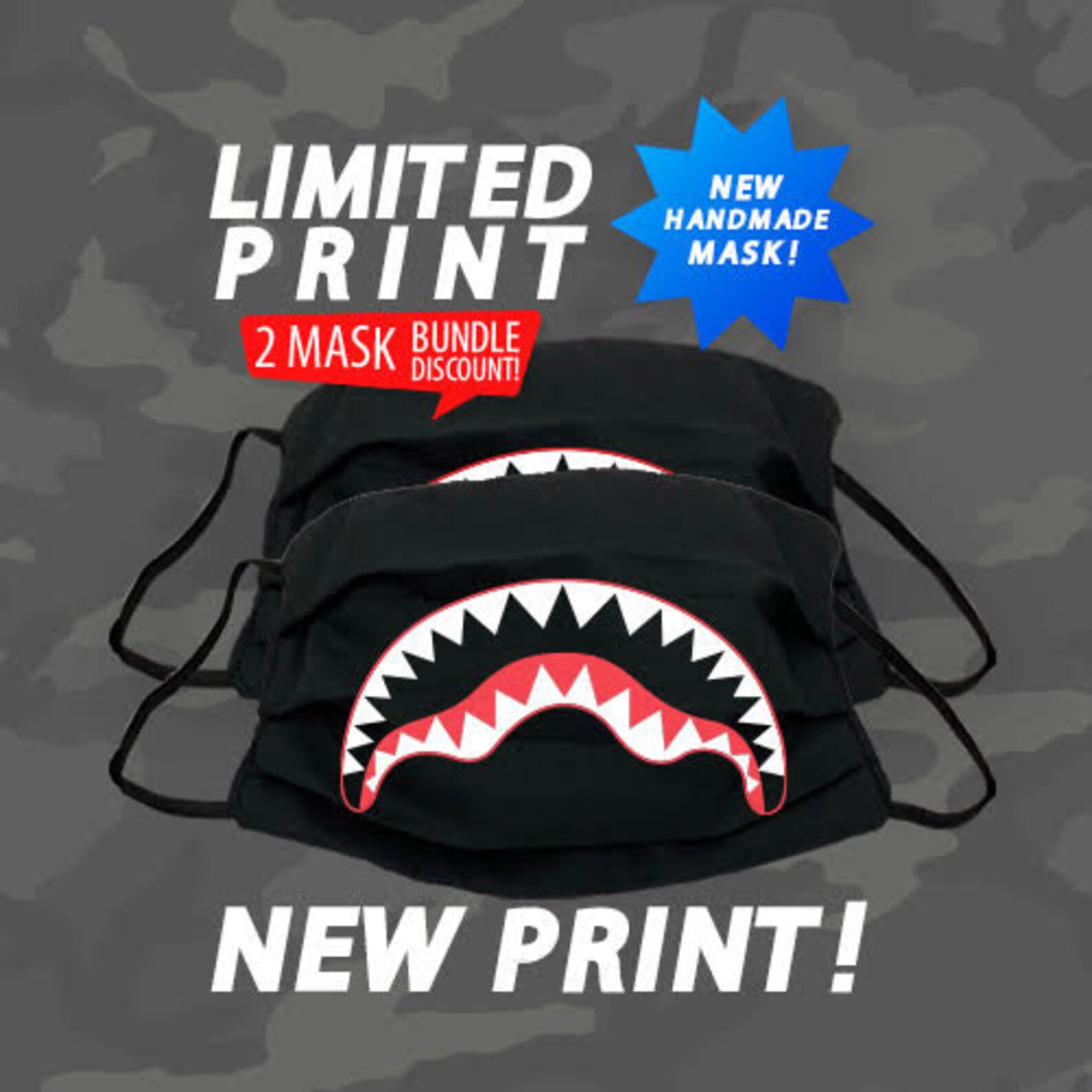 2 Shark Teeth Print Masks 100 Cotton Face Mask. Made in USA Etsy