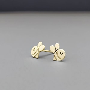 Tiny Bee Stud Earrings, 14 Karats Gold Earrings, Yellow Gold, Small Engraved Bees, Cute Animal Jewelry, Solid Gold, Dainty Gift For Daughter