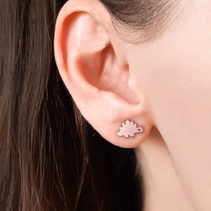 Small Dinosaur Earrings in 14 Karats Solid Gold, Tiny Stegosaurus Studs, Rose Gold, Mini Dinosaurs, Animal Jewelry, Dainty Gift for Her