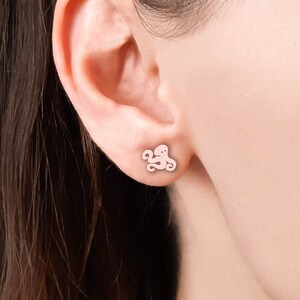 14 Karats Gold Octapus Earrings, Solid Rose Gold, Sea Themed Stud Earrings, Tiny Engraved Octapus, Cute Dainty Earrings, Gift For Daughter