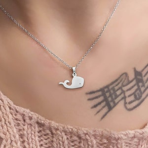 Small Whale Charm Necklace in 14-karat Solid Gold, White Gold, Cute Little Whale Pendant, Sea Animal Jewelry, Gift For Daughter