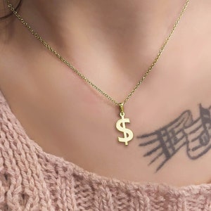 Tiny Dollar Symbol Charm in 14 Karats Solid Gold, Yellow Gold, Money Pendant Necklace, Thin Cable Chain, Everyday Jewelry Gift
