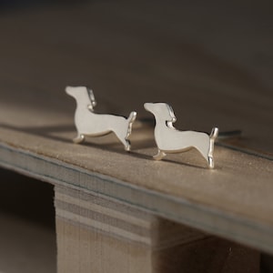 Tiny Dog Earrings, 14K Solid White Gold, Sausage Dog Studs, Animal Jewelry, Dog Stud Earrings, Animal Lovers, Gift For Daughter, Best Friend