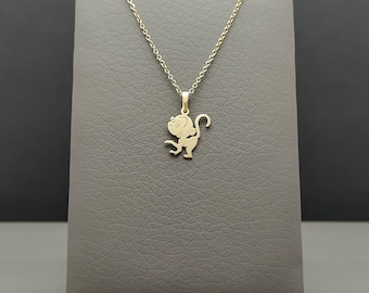 Tiny Monkey Charm Necklace in 14 Karats Solid Gold, Yellow Gold, Cute Chimp Gold Charm, Playful Monkey Pendant, Animal Jewelry, Gift For Her
