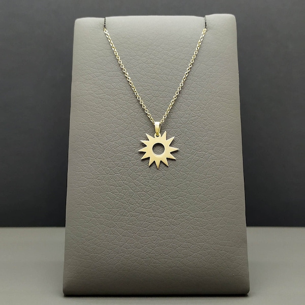 Small Gold Sun Pendant, 14K Gold Necklace, Summer Sun Charm, Solid Gold, Dainty Gold Sun, Thin Cable Chain Necklace, Celestial Gift For Her