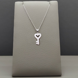 Heart Key Necklace, 14K Solid Gold, White Gold Key Pendant, Love Key Charm, Romantic Gift For Her, Girlfriend Jewelry, Thin Cable Chain