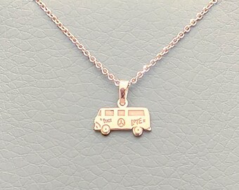 Cute Van Charm Necklace in 14 Karats Rose Gold, Hippie Car Pendant, Tiny Bus Charm, Thin Cable Chain Necklace, Engraved Gift For Her