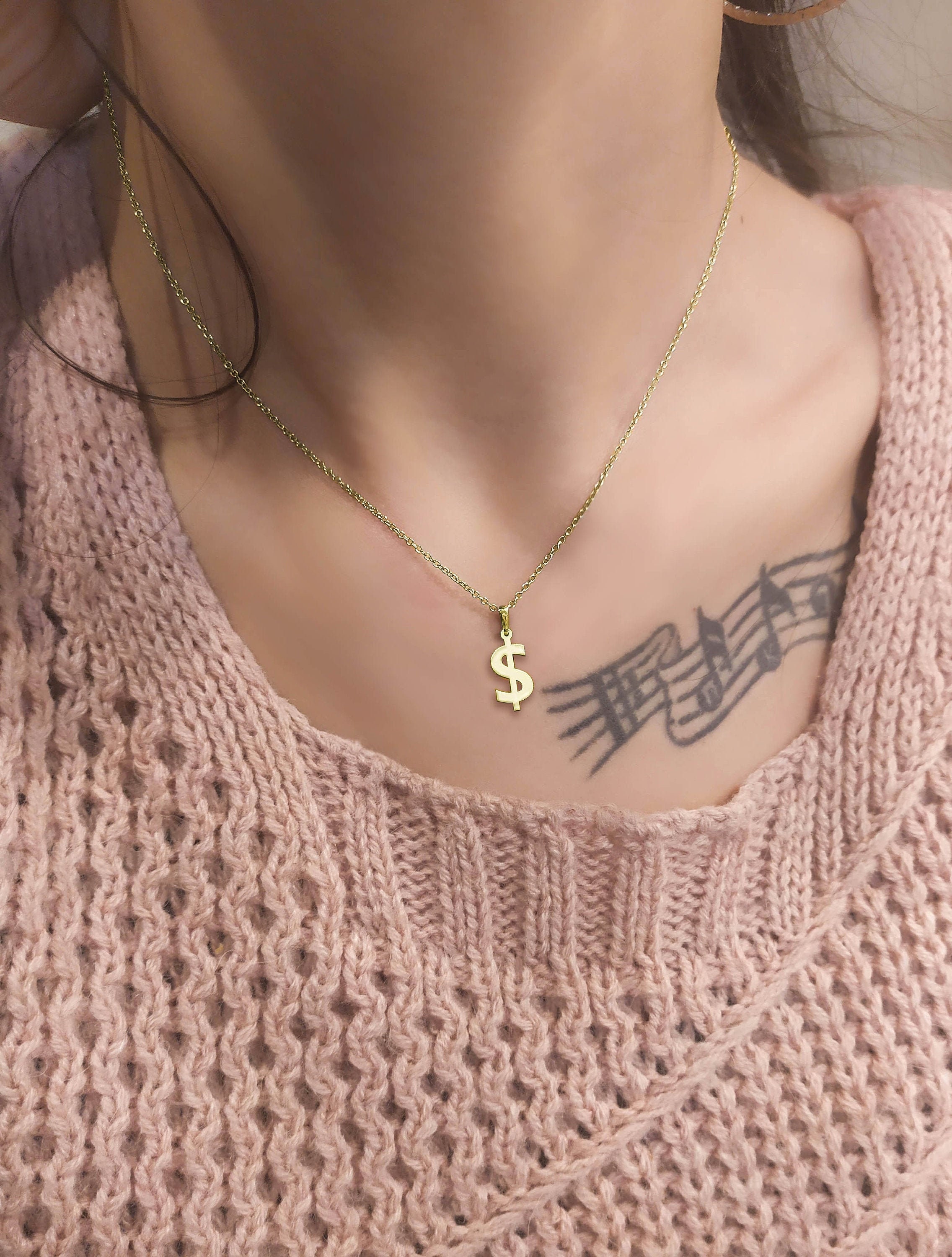 Tiny Dollar Symbol Charm in 14 Karats Solid Gold, Yellow Gold, Money Pendant Necklace, Thin Cable Chain, Everyday Jewelry Gift