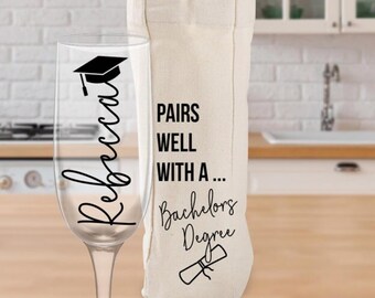 Custom Graduation Champagne Flute & Tote Bag - Master's Degree Gift - Bachelor's Degree - PHD Graduation Gift - Wine Gift Bag